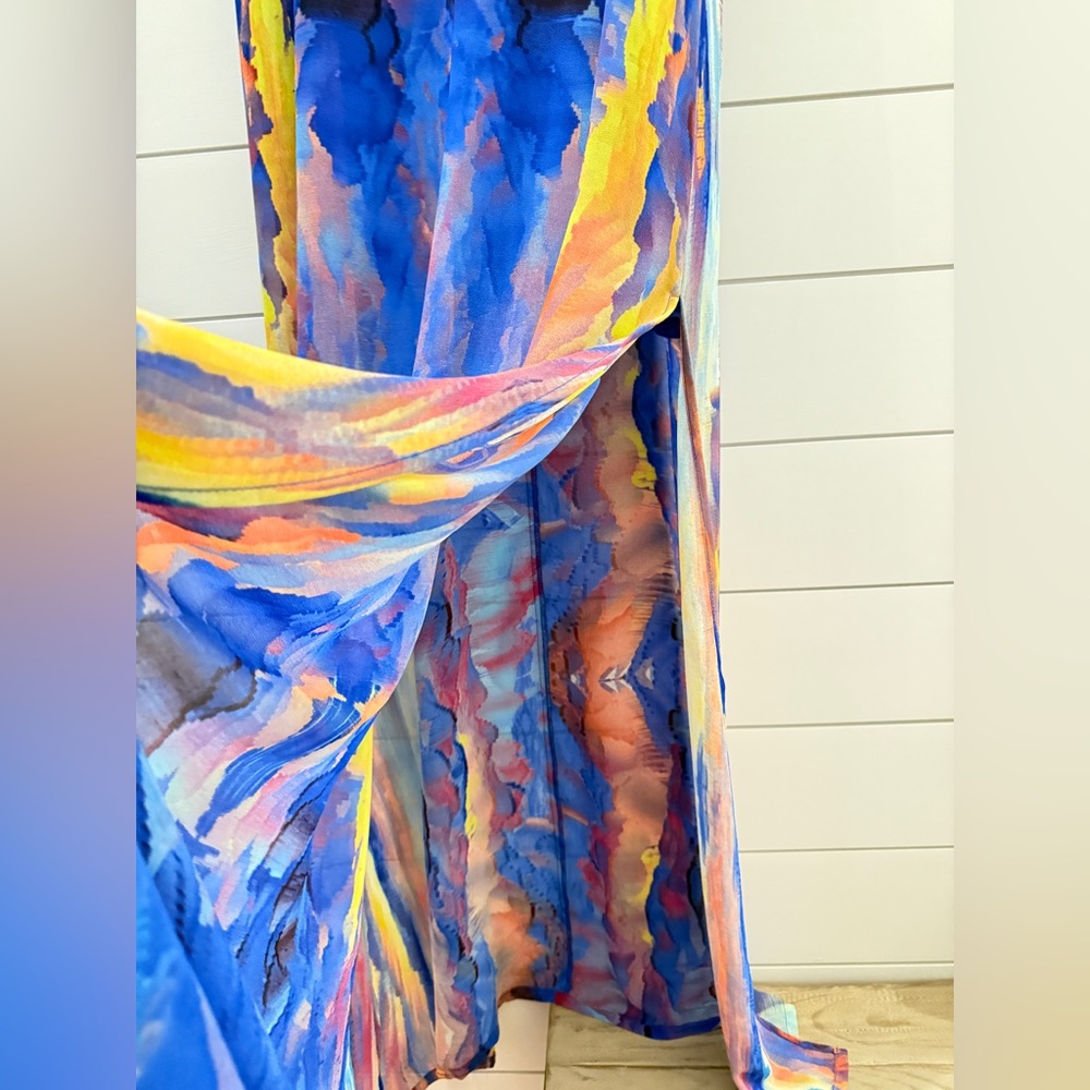 Lulus, Blue Flowy Maxi,Watercolor Pattern Spaghetti Strap Dress, W Slit, Sz: M - Picture 7 of 7